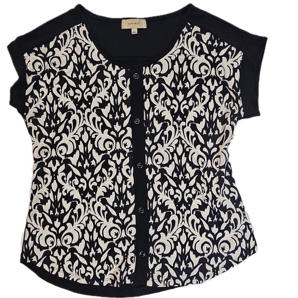 Diana Belle Shirt Womens Large Black White Scroll Print Button Front Top‎ Blouse